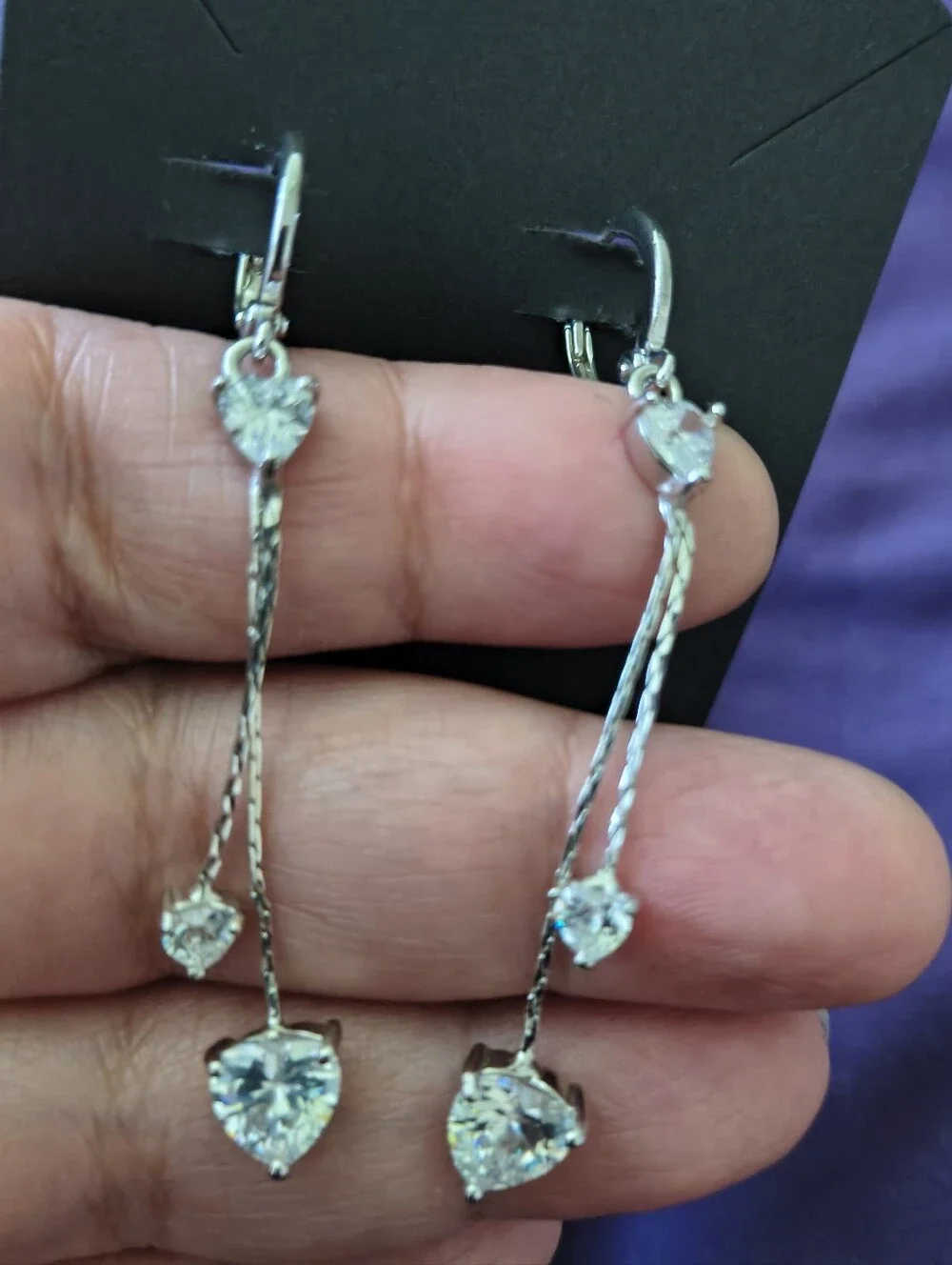 Very Nice  YSX Silver Plated CZ Heart Dangle Chandelier Earrings. Estate Find